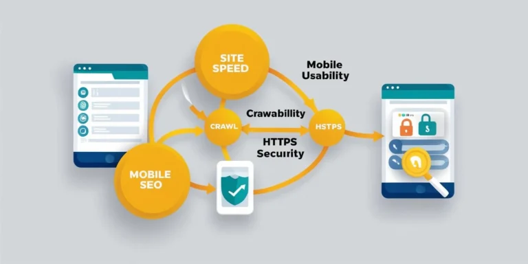 What is technical SEO - diagram showing speed, mobile usability, and crawlability