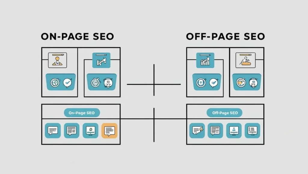 "On-Page SEO vs Off-Page SEO infographic showing key differences"