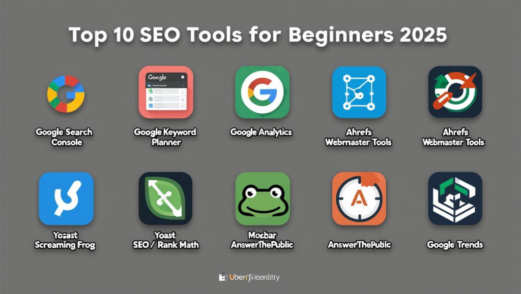 Top 10 free SEO tools for beginners in 2025 including Google Search Console, Ubersuggest, and more
