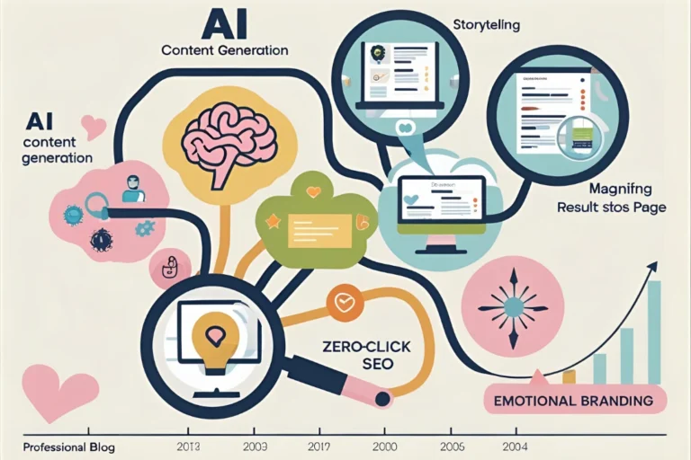 Visual cluster of content marketing blog ideas including AI content, storytelling, zero-click SEO, and emotional branding