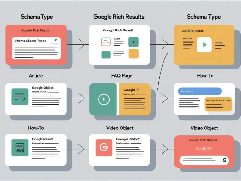 Visual chart of schema markup types including FAQ, Article, How-To, and Video Object for SEO-rich results