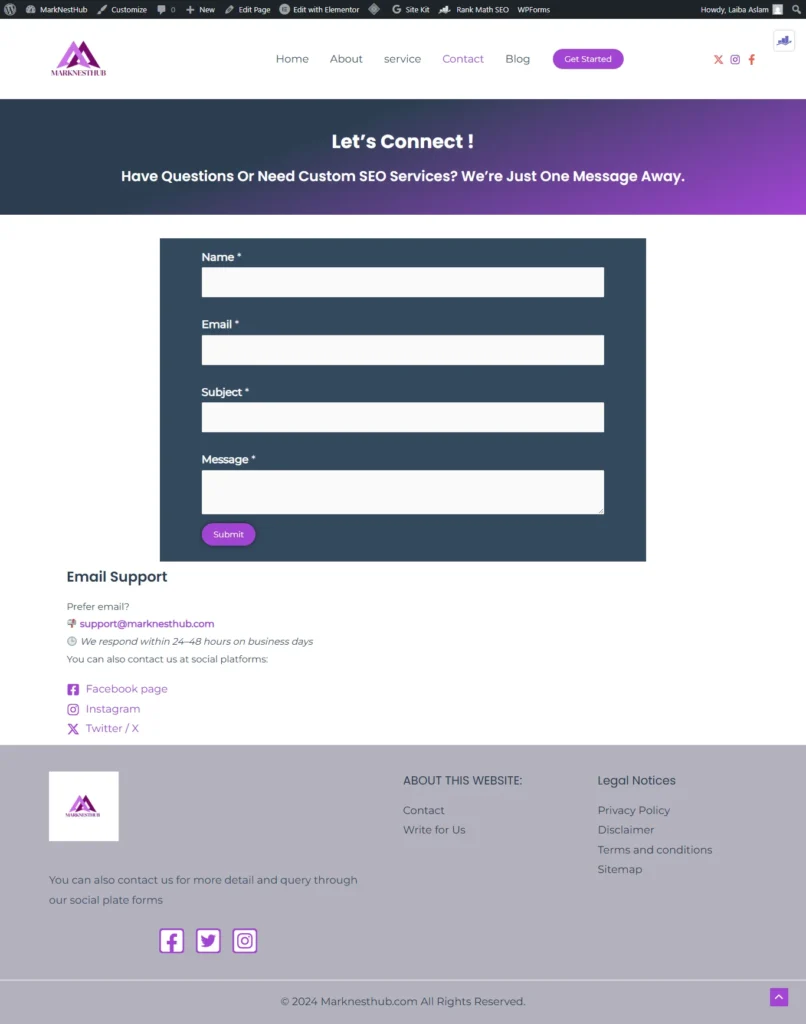 Screenshot preview of blog contact page layout