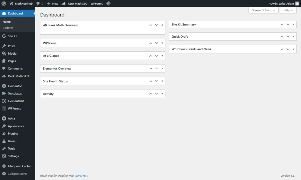 New WordPress site setup screen