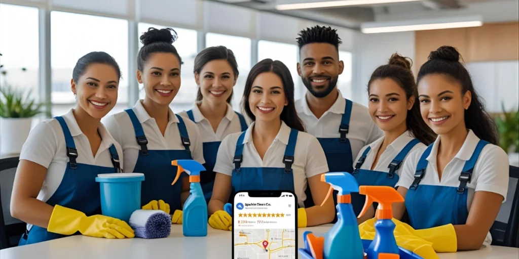 Sparkle Clean Co. cleaning team, branded van, and Google Business Profile on phone showing local SEO success in Dallas.